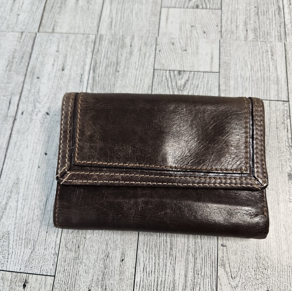 Vintage 90s Fossil Wallet Dark Brown Fold Leather Cards Organizer Multiple
